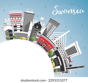 Swansea Wales City Skyline with Color Buildings, Blue Sky and Copy Space. Vector Illustration. Swansea UK Cityscape with Landmarks. Business Travel and Tourism Concept with Historic Architecture.
