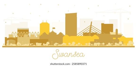 Swansea Wales City Skyline Silhouette with golden Buildings Isolated on White. Vector Illustration. Swansea UK Cityscape with Landmarks. Business Travel and Tourism Concept with Historic Architecture.