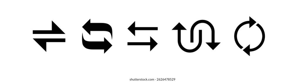 Swap Arrow Icons Set. Black Direction and Navigation Symbols for Web Design, Mobile UI, App Interface, Sync, Repeat, Refresh, Loop, Transfer, Swap, U-Turn, Recycle, Exchange, Interaction Arrows
