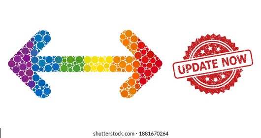 Swap arrows mosaic icon of round elements in various sizes and LGBT color hues, and Update Now corroded rosette seal print. A dotted LGBT-colored Swap arrows for lesbians, gays, transgenders,