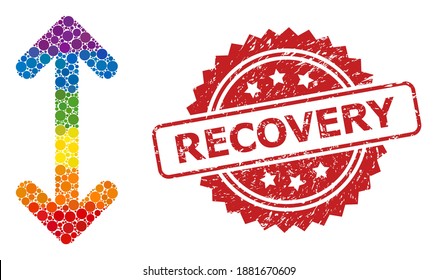 Swap arrows vertically collage icon of circle dots in different sizes and LGBT colored color hues, and Recovery dirty rosette stamp. A dotted LGBT-colored Swap arrows vertically for lesbians, gays,