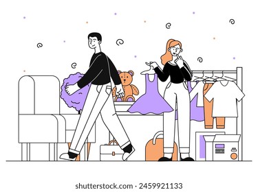 Swap of clothes simple. Fashion and elegance, aesthetics. Man and woman with apparel and clothes. Wardrobe and racks with dresses. Doodle flat vector illustration isolated on white background