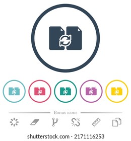 Swap documents solid flat color icons in round outlines. 6 bonus icons included.