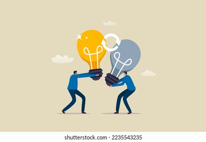 Swap Ideas Day. Brainstorming and Exchange ideas. sharing knowledge. Two men exchange lightbulb ideas. Illustration