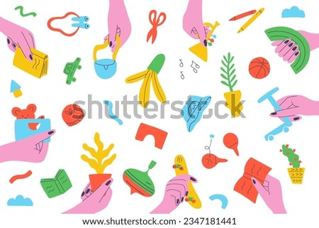 Swap landing page template or sharing banner. People in hand to hold things for exchange. Concept of swapping event, eco day, culture festival. Vector illustration for poster, banner, background.