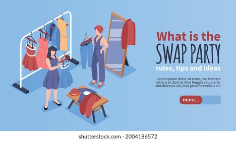 Swap party banner with rules and tips symbols isometric vector illustration