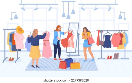 Swap party. Clothes exchange, friends swapping fashion clothing, female change trendy dress or accessory wardrobe, sale eco fabric economy charity cloth, swanky vector illustration