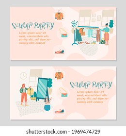 Swap party concept. Eco friendly party, exchange clothes, shoes and accessories. Vector flat illustration for banner, poster, layout,flyer, invitation, advert