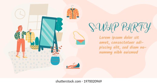 Swap party concept. Eco friendly party, exchange clothes, shoes and accessories. Vector flat illustration for banner, poster, layout,flyer, invitation, advert