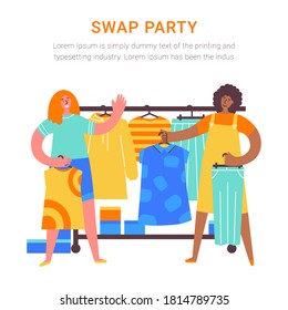 Swap Party Concept. Girls Of Different Nationalities Sell, Buy And Exchange Clothes. Garage Sale. Two Young Social And Eco Responsible Girls At Fashion Swap Party. Reduce And Reuse Concept. Flat Illustration
