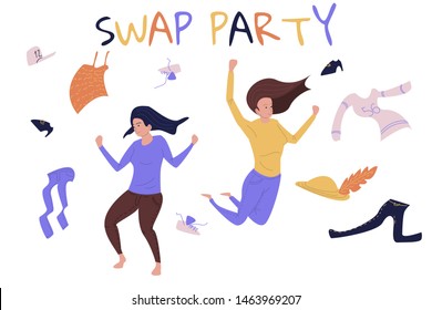 Swap party concept vector illustraion. Banner with two girls dancing with different clothes scattering around them. Cloth donation concept illustration. Vector for eco and mindful living.