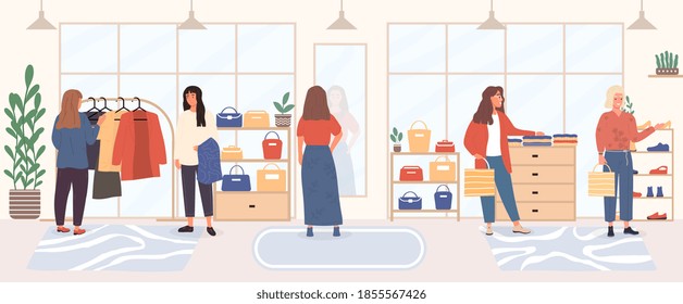 Swap party concept. Women choosing trendy clothing, shoes, accessories at fair. People swapping stuff. Collaborative consumption, clothes exchange. Flat cartoon vector illustration