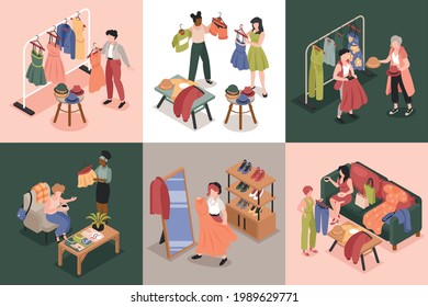 Swap party design square concept with reusable clothes symbols isometric isolated vector illustration