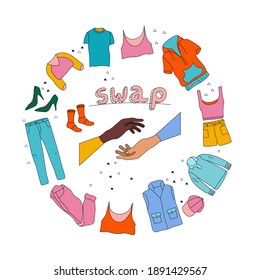 Swap party in doodle style.Hands are making exchange.Giving your wardrobe second chance banner.Clothes donation and charity concept.Garment items are around.Contribution in Eco lifestyle,recycling.