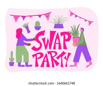 Swap party emblem. Two people surrounded by potted house plants and stylized text. Hand drawn houseplants and friends hobby event. Sharing you stuff with other people event. Vector  flat illustration.