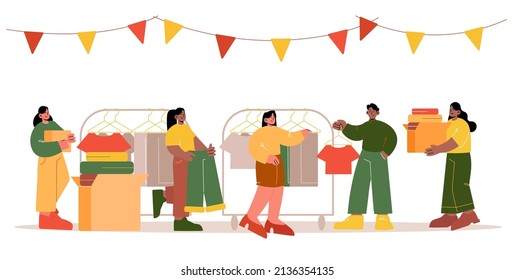 Swap party for exchange clothes, charity donation or second hand fashion shop. Vector flat illustration of people hang garment from boxes to rack on flea market or garage sale