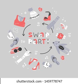 Swap party flat poster. Flyer templates for clothes, shoes and accessories exchange event. Hand drawn lettering.