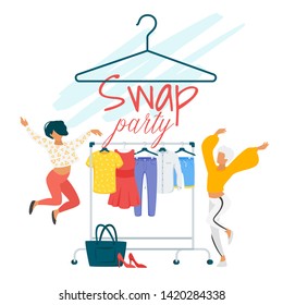 Swap party flat vector poster template. Girlfriends, best friends exchanging clothes. Female students choosing fashionable outfit together. Clothing store sales, deals. Woman on shopping