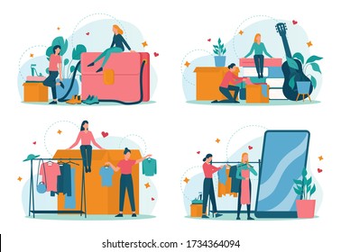 Swap party or flea market concept set. Clothes or stuff donation. Eco lifestyle and zero waste moving. Conscious consumption. Isolated vector illustration