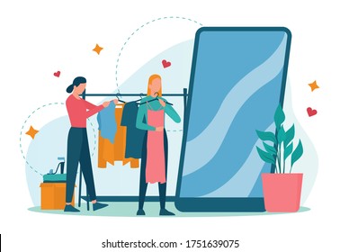 Swap party or flea market concept. Clothes or stuff donation. Eco lifestyle and zero waste moving. Conscious consumption. Isolated vector illustration