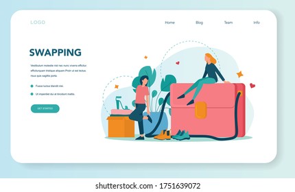 Swap party or flea market web banner or landing page. Clothes or stuff donation. Eco lifestyle and zero waste moving. Conscious consumption. Isolated vector illustration