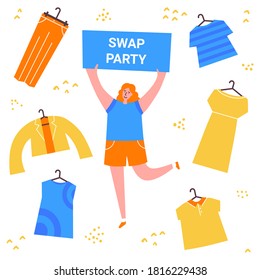 Swap Party Girl With Banner. Sell, Buy And Exchange Clothes. Garage Sale. Young Social And Eco Responsible Girl At Fashion Swap Party. Reduce And Reuse Concept. Vector Flat Style Illustration.
