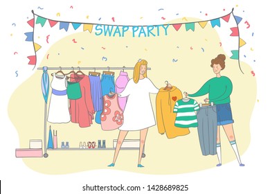 Swap party girls sell, buy and exchange clothes. Garage sale. Two young social and eco responsible girls at fashion swap party. Reduce and reuse concept. Vector cartoon style illustration.
