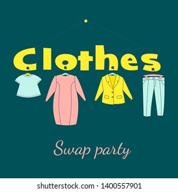 Swap party.  Idea of exchange your old wardrobe for new. People sharing clothes. Vector cartoon style illustration