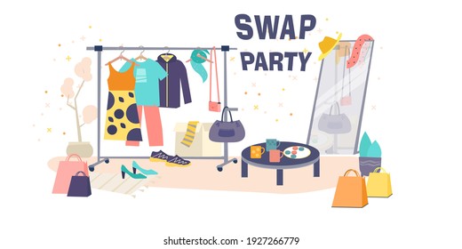 Swap party Illustration with clothes. Vector illustration. Trendy graphic design for print. Reduce and reuse concept. Idea of exchange your old wardrobe for new. Eco-friendly cloth exchange