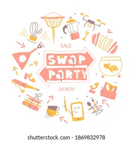 Swap Party poster with stylized lettering. Eco friendly party, exchange clothes, shoes and accessories. Template for banner, layout, flyer.