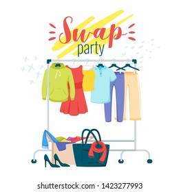 Swap party preparation flat vector poster template. Garment, clothes exchanging. Fashionable, stylish outfit choosing. Clothing shop sales, deals. Thrift store, flea market shopping