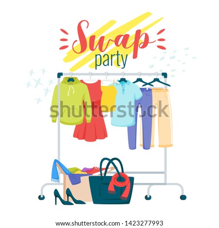 Swap party preparation flat vector poster template. Garment, clothes exchanging. Fashionable, stylish outfit choosing. Clothing shop sales, deals. Thrift store, flea market shopping