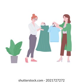 Swap party scene with two women cartoon characters exchanging clothing, flat vector illustration isolated on white background. Exchange used garment event.