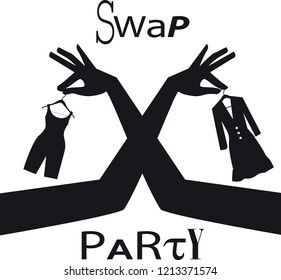 Swap party sign with female hands exchanging clothing items, EPS 8 vector silhouette