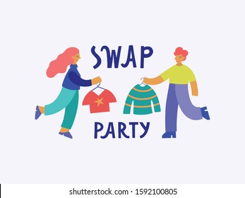 Swap party vector flat illustration with hand lettering. People exchanging clothes with each other. Promoting clothes donation for sustainable fashion.