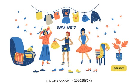 Swap party vector illustration isolated on white background. Friends exchange their clothes and shoes. Three nice women on  an eco-friendly event. Landing page template.