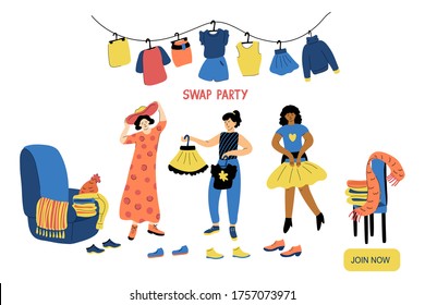 Swap party vector illustration isolated on white background. Friends exchange their clothes and shoes. Three nice women on an eco-friendly event. Landing page template.