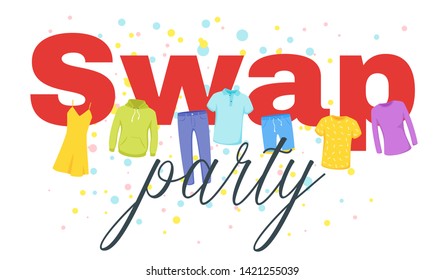 Swap party vector web banner template. Clothes, costumes exchanging event invitation. Volunteering, donation, charity flat poster with calligraphy. Casual jeans, summer dress, shirts illustration