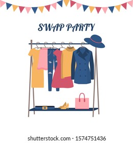 Swap party word banner. Garment, sale, fashion, clothing donation. Dresses, skirt, jeans, sweater, hat, shoes, women’s handbag, garlands. Flat vector illustration isolated on white background.