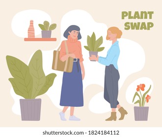 Swap party. Young women exchange or buy potted plants. Houseplants hobby or the event for lovers of house plants. Vector flat illustration