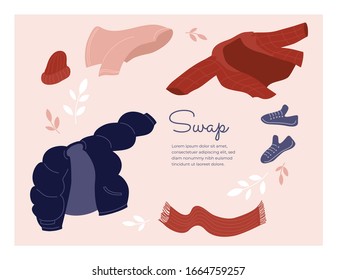 Swap shop or party design concept. Event of exchange old wardrobe for new. Postcard with text and illustration of outerwear and sneakers. Vector flyer, poster, advert or invitation to exchange clothes