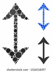 Swap vertically composition for swap vertically icon of round dots in various sizes and color hues. Vector round dots are grouped into blue composition.