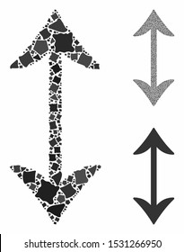 Swap vertically mosaic of rugged pieces in variable sizes and color hues, based on swap vertically icon. Vector inequal pieces are composed into mosaic.