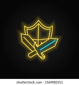 Sward, shield, retro game element neon icon. Blue and yellow neon vector icon.