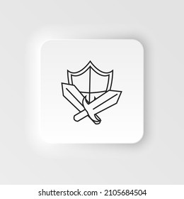 Sward, shield, retro game element neumorphic style vector icon. Neumorphism style. Sward, shield, retro game element neumorphic style vector icon. Neumorphism style on white background.