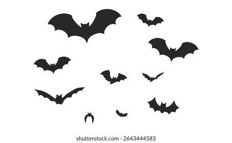 Swarm of bats flying in wave pattern. Black Halloween silhouettes for scary night scenes, vampire cave effects, or spooky dividers and nature icons.