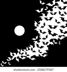 Swarm of bats in the night sky. Vector illustration. Halloween card template. Background for design and decor.