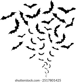 Swarm of bats on white background. Black bat icons with red eyes.