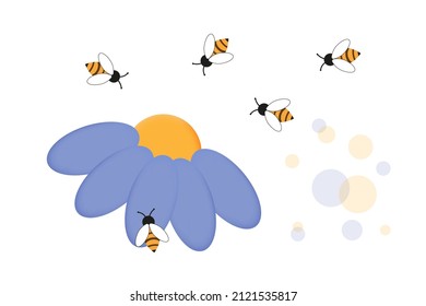 Swarm bee on apiary. Wild honey bees fly over the flower. Insects in flight, harvesting, working together. The concept of unity and teamwork. Summer clipart, poster, banner design. Modern art, vector