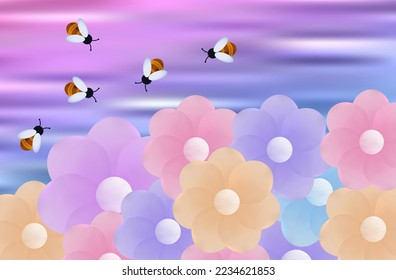 Swarm bees 3d. Flight of insects in the sky,  collection of nectar. Pollination of plants, the concept of active joint labor. Path, route of bees in apiary or wildlife. Vector landscape with daisies.